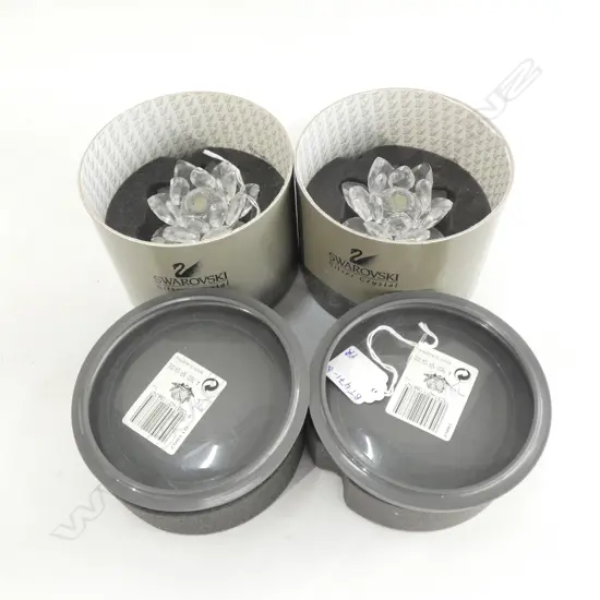 SWAROVSKI CRYSTAL PR LOTUS FLOWER CANDLE HOLDERS - BOTH IN ORIGINAL BOXES 