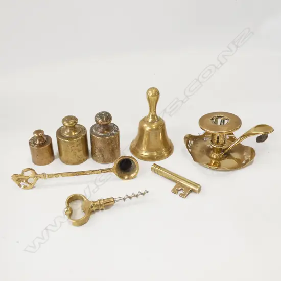 ASST SM BRASS ITEMS; WEIGHTS / CANDLE STICK / CANDLE SNUFFER ETC..