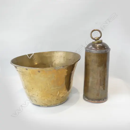 LG BRASS BOWL (DIA 265MM) + BRASS & COPPER HOT WATER CYLINDER BOTTLE L 275MM