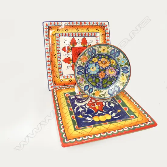 3 COLOURFUL CERAMIC PLATES; 2x360mm sq + 245mm dia
