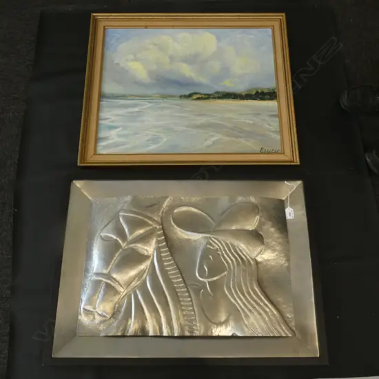 2 ARTWORKS EASY BOY BY KEN LAWS ON METAL + OIL LANDSCAPE BY WEBB 770 X 550 MM