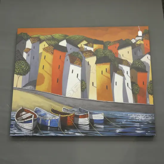 UNKNOWN ARTIST - PRINT ON FABRIC, "VILLAGE FORESHORE", 895 x 720