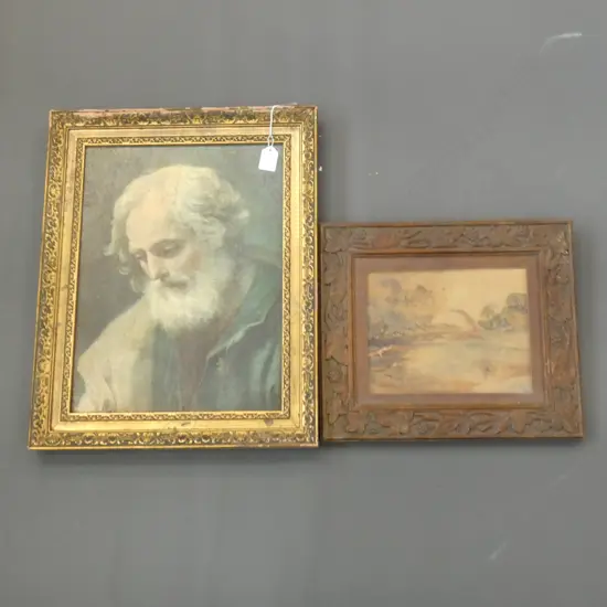 OLD PAINTING W KAURI FRAME + OLD MAN PORTRAIT VARNISHED PRINT ON CANVAS 280 X 390MM