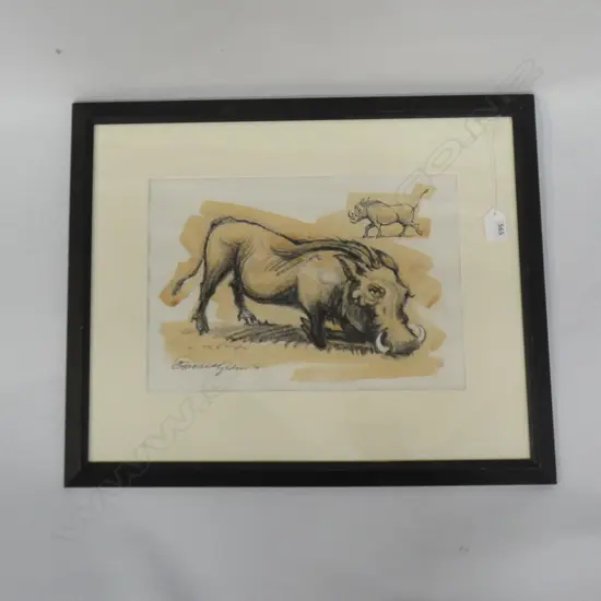 SIGNED, WATERCOLOUR AND CHARCOAL, "WARTHOG", 535 x 435
