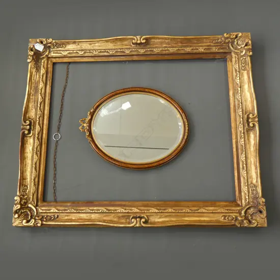 CARVED GILT FRAME. MINOR REPAIR REQUIRED, 780  x  940 AND WALL MIRROR, OVAL WOOD FRAME, 350 x 450
