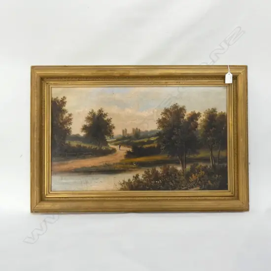 EARLY 20TH C OIL ON CANVAS  FIGURE IN LANDSCAPE WITH RIVER  360 x 610mm.  