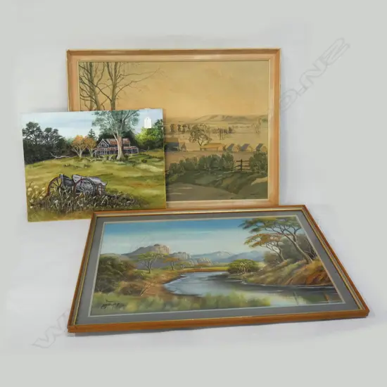 3 ARTWORKS; F. HALL OIL LANDSCAPE, AFRICAN LANDSCAPE OIL, GAIR PRINT 470 X 625MM
