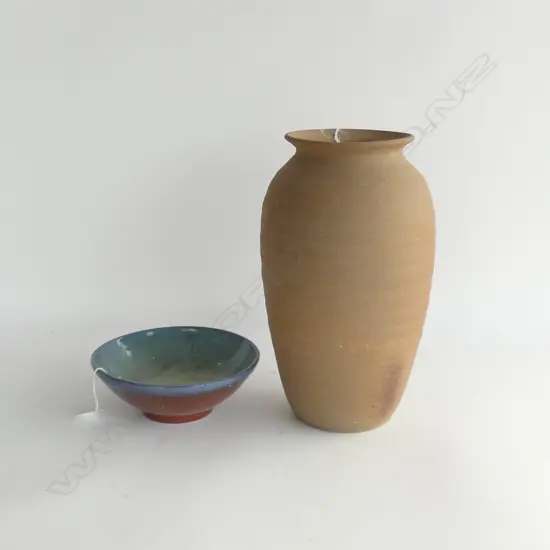 LG ROBERT WATTE POTTERY VASE (H 295MM) + SM BLUE INTERIOR POTTERY BOWL  (DIA  170MM) MARKS TO BASE
