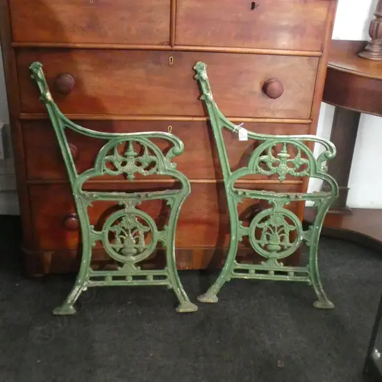 GREEN PAINTED CAST IRON BENCH ENDS