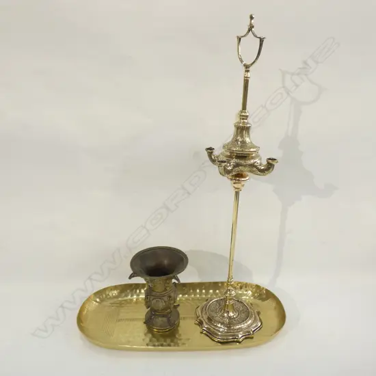 PERSIAN OIL LANTERN + COPPER TRAY & BRASS URN