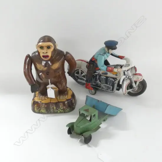 3 VINTAGE TIN TOYS; JAPANESE POLICE BIKER + GORILLA + LINES BROS. TRUCK AF 