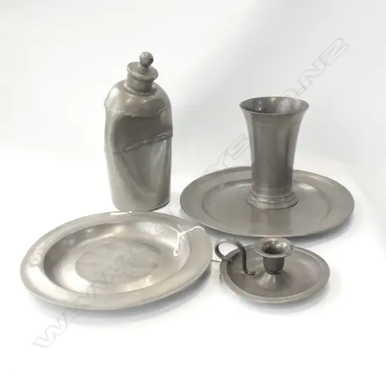 5 OLD PEWTER PCS; 2 PLATES / CANDLE HOLDER / CUP & HOT WATER BOTTLE CYLINDER (DENTED)