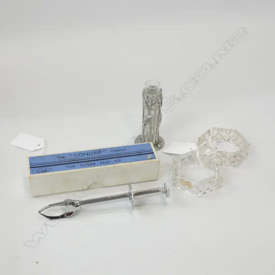 SM PEWTER & GLASS VASE / PR CRYSTAL NAPKIN RINGS & SUGAR / ICE TONGS (IN BOX)