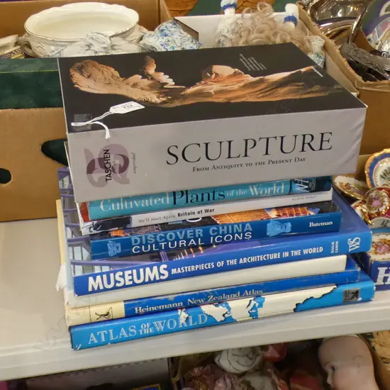 8 ASST. COFFEE TABLE BOOKS; SCULPTURE, ATLASES, CHINA, MUSEUMS, PLANTS ETC