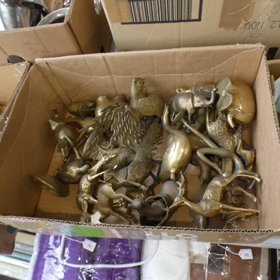 LG BOX ASST BRASS ANIMALS; ELEPHANTS/ CATS / ROOSTER/ BIRDS ETC...