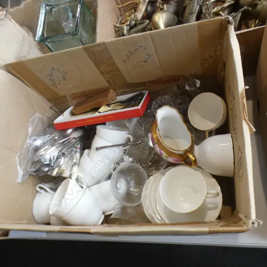 BOX ASST GLASS / CHINA & EP CUTLERY - INCL GOLD GILD OER JUG