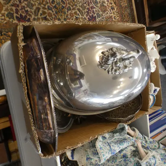 BOX LOT ASST SILVER PLATE TUREENS ETC.