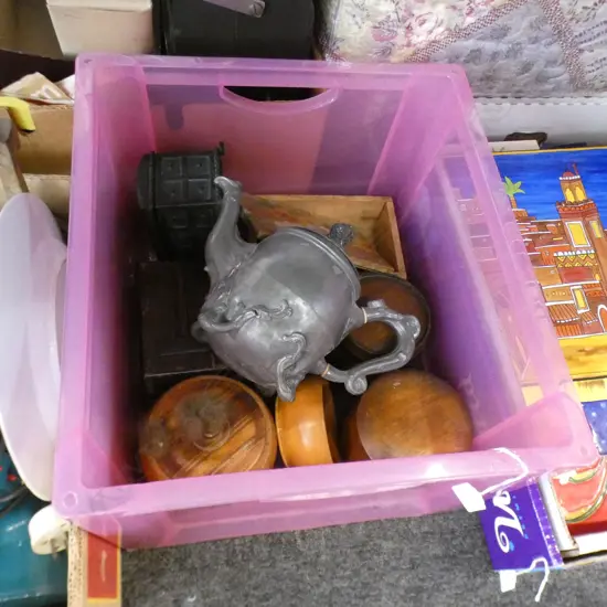 CRATE OF OLD TREEN & PEWTER