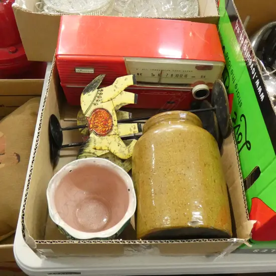 BOX ASST INCL OLD RED TRANSISTOR RADIO