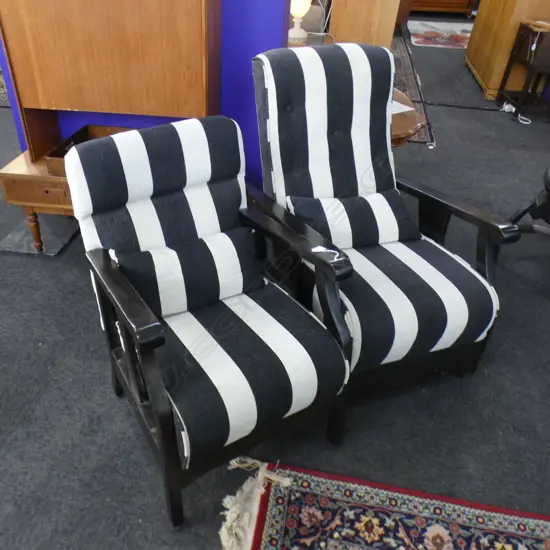 PR BLACK & WHITE STRIPED MORRIS CHAIRS - 1 ROCKER - BOTH ON CASTORS