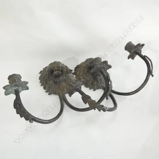 PAIR ORNATE BRONZE LION WALL SCONCES