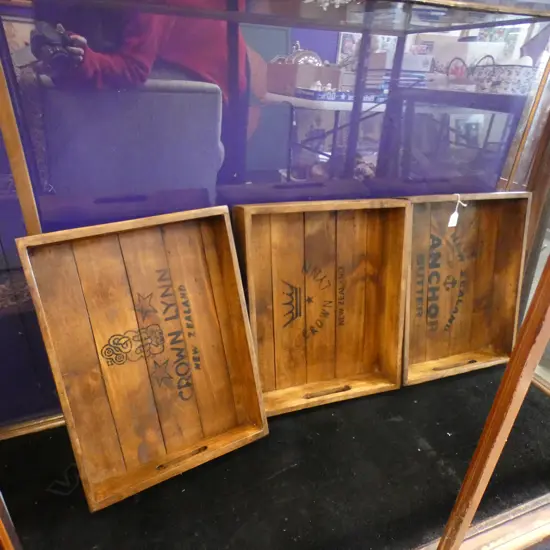 3 WOODEN ADVERTISING TRAYS