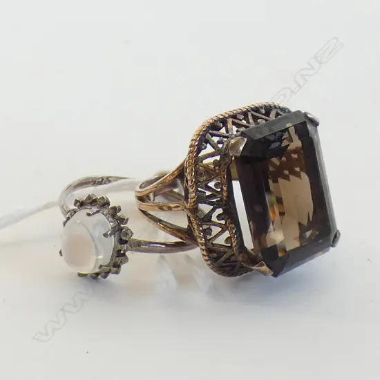 2 RINGS; STG & MOONSTONE & LG SMOKEY QUARTZ