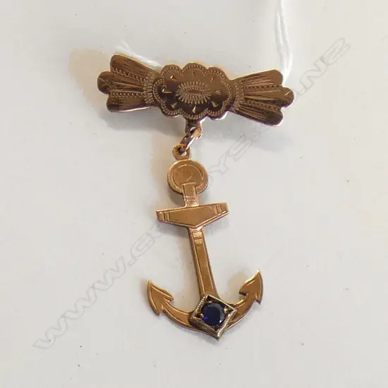 9CT EDWARDIAN ANCHOR SUSPENDED BROOCH SAPPHIRE ? 2.5gms