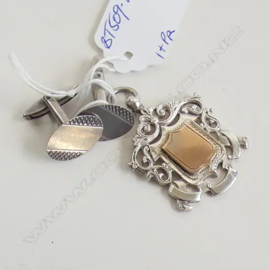 VICT. 1898 BIRM. FANCY SILVER MEDALLION + PR CUFFLINKS