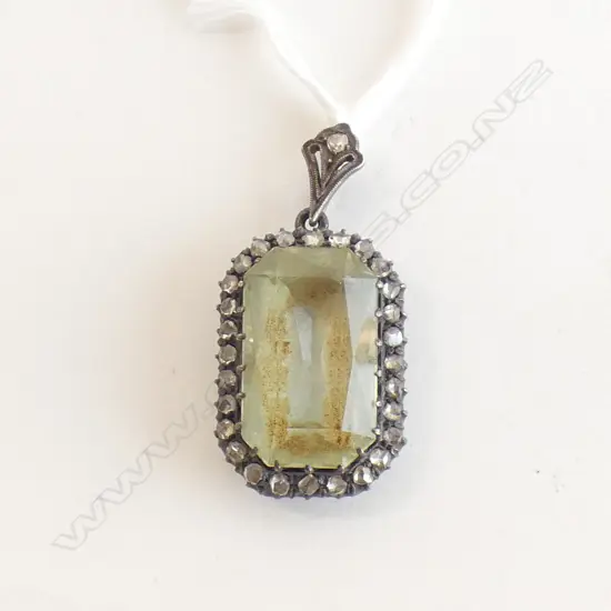 OLD GOLD/SILVER DIAMOND? RIMMED PENDANT W. LG STONE AF