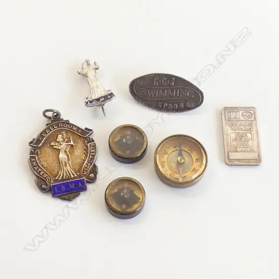 3 SILVER MEDALLIONS 'SWIMMING EPSOM' ETC + 3 MINI COMPASS + 5gm SILVER INGOT