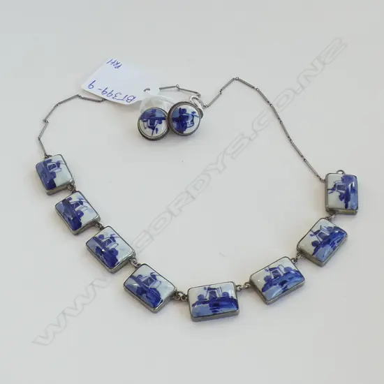 STERLING SILVER & DELFT PORCELAIN CHAIN NECKLACE & CLIP EARRINGS