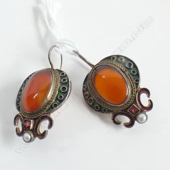 PR VINTAGE SILVER GILT, CARNELIAN, SEED PEARL, GARNET & ENAMEL EARRINGS