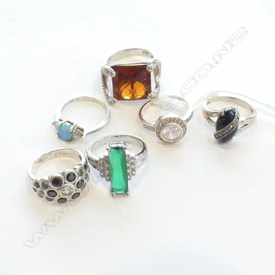 SIX ASSORTED SILVER 925 RINGS WITH STONES ETC.