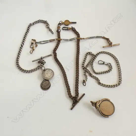 4 VARIOUS OLD FOB CHAINS SILVER GILT ETC + FOB 1825 SHILLING