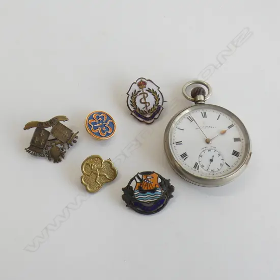 BAG OLD BADGES & NZ MADE POCKET WATCH 