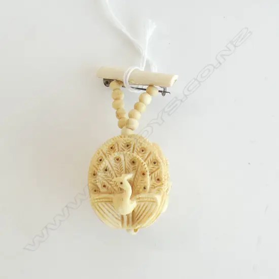 VINTAGE CARVED IVORY PEACOCK PENDANT/BROOCH 3 SIDED...