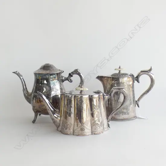 VINTAGE SILVER PLATE; 2 COFFEE POTS (1 LID HANDLE A/F) + TEAPOT