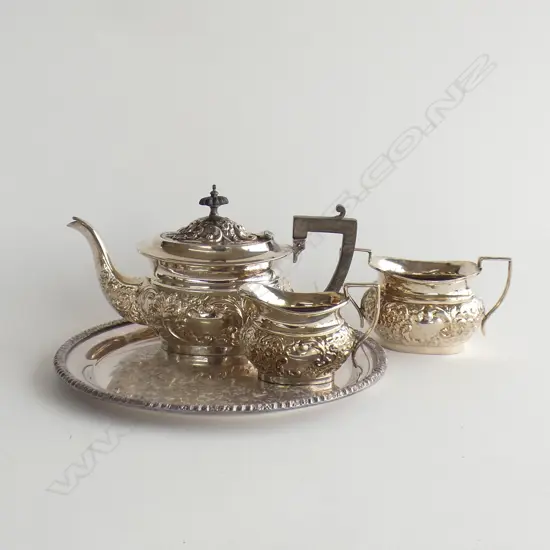 ORNATE 3 PC SILVER PLATE SET;  2 CUP TEAPOT/ JUG & SUGAR BOWL + SM TRAY (NOT MATCHING SET) (DIA  255MM)