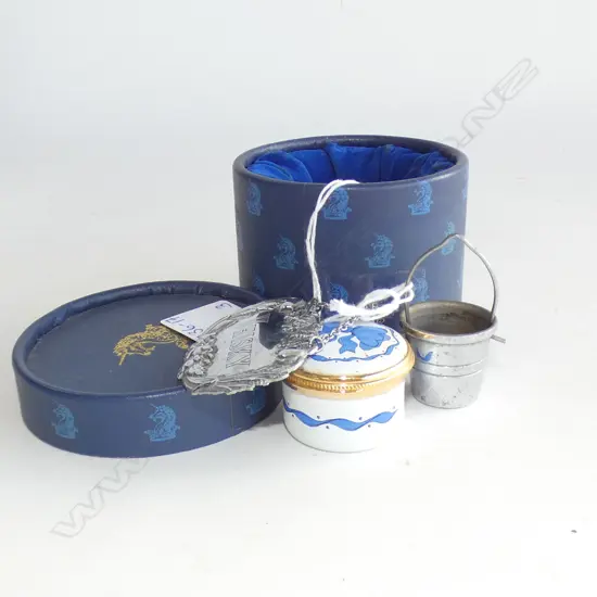 MINIATURE SILVER PLATE BUCKET + WHISKY BOTTLE TAG & ENAMEL TRINKET BOX WITH ORIGINAL BOX