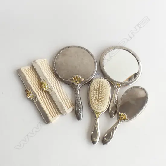 2 ART NOUVEAU SILVER PLATE DRESSING TABLE SETS; 2 MIRRORS / 2 BRUSHES & 2 COMBS