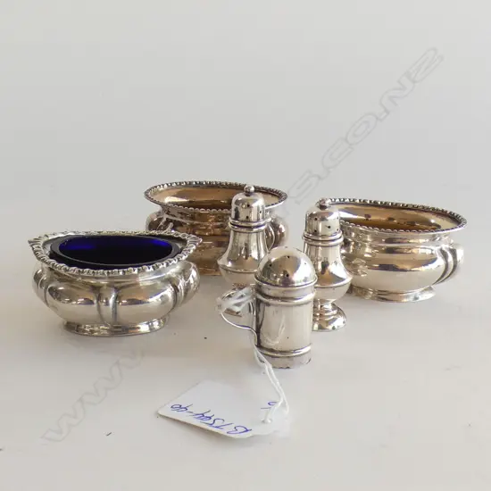 6 SILVER CONDIMENTS: 3 SALTS + PR + 1 PEPPERETTES 