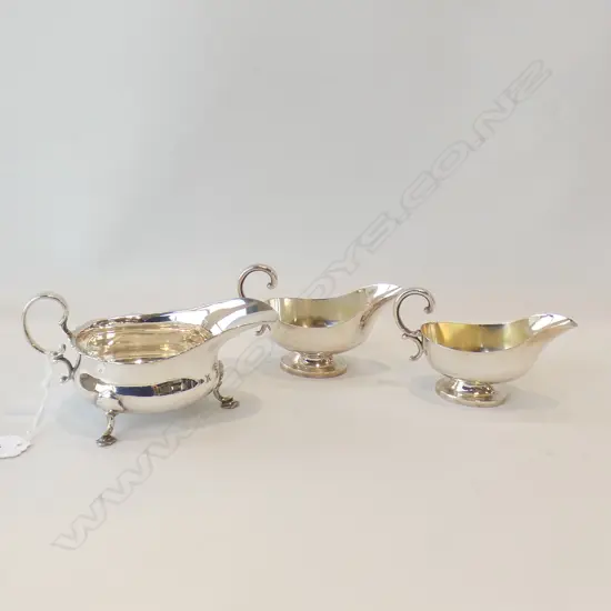 PAIR SILVER PLATE SAUCE BOATS AND GEORGIAN STYLE FAT BELLY SAUCE BOAT