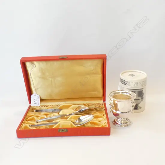 VINERS MINIATURE SILVER PLATE WINE COOLER (BOXED) & SILVER PLATE CHILD'S CUTLERY