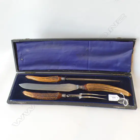 VICTORIAN ANTLER HANDLED CARVING SET - BOXED