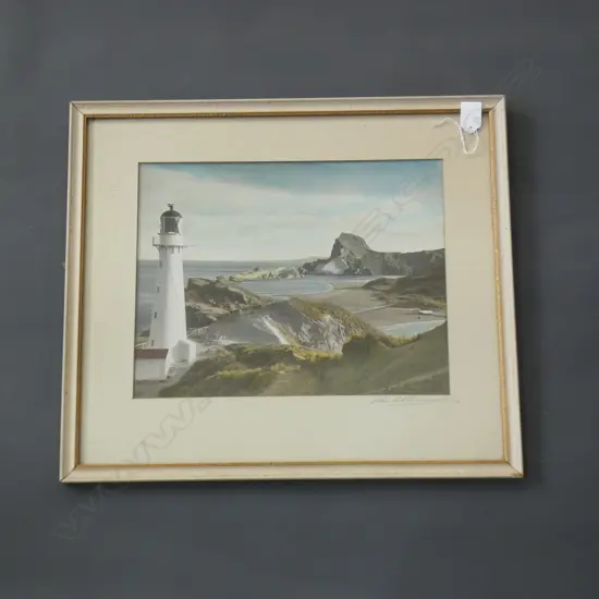 VINTAGE CASTLEPOINT LIGHTHOUSE ARTHUR RICHARDSON HANDCOLOURED PHOTOGRAPH 280x355mm