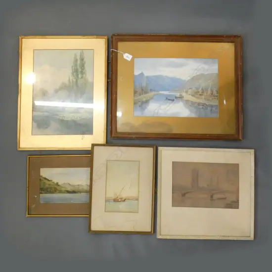 5 OLD FRAMED WATER COLOURS - LARGEST 260 X 360MM
