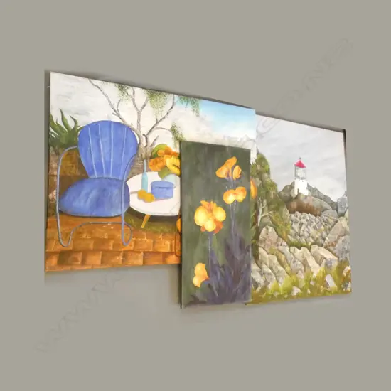 3 LARGE ARTWORKS; LIGHTHOUSE, FLOWERS & PATIO SCENE 800x1000mm