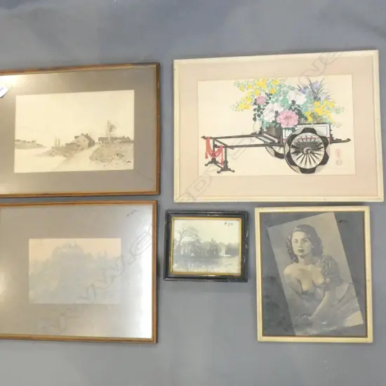 5 VINTAGE FRAMED PHOTOS/ WOOD BLOCK PRINT ETC. INCL NUDE LADY 
