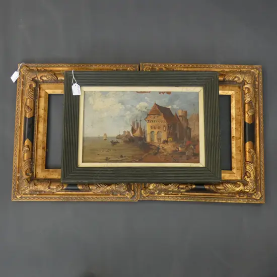 2 GILT FRAMES + VINTAGE ARTWORK PORT SCENE OIL 220x350mm